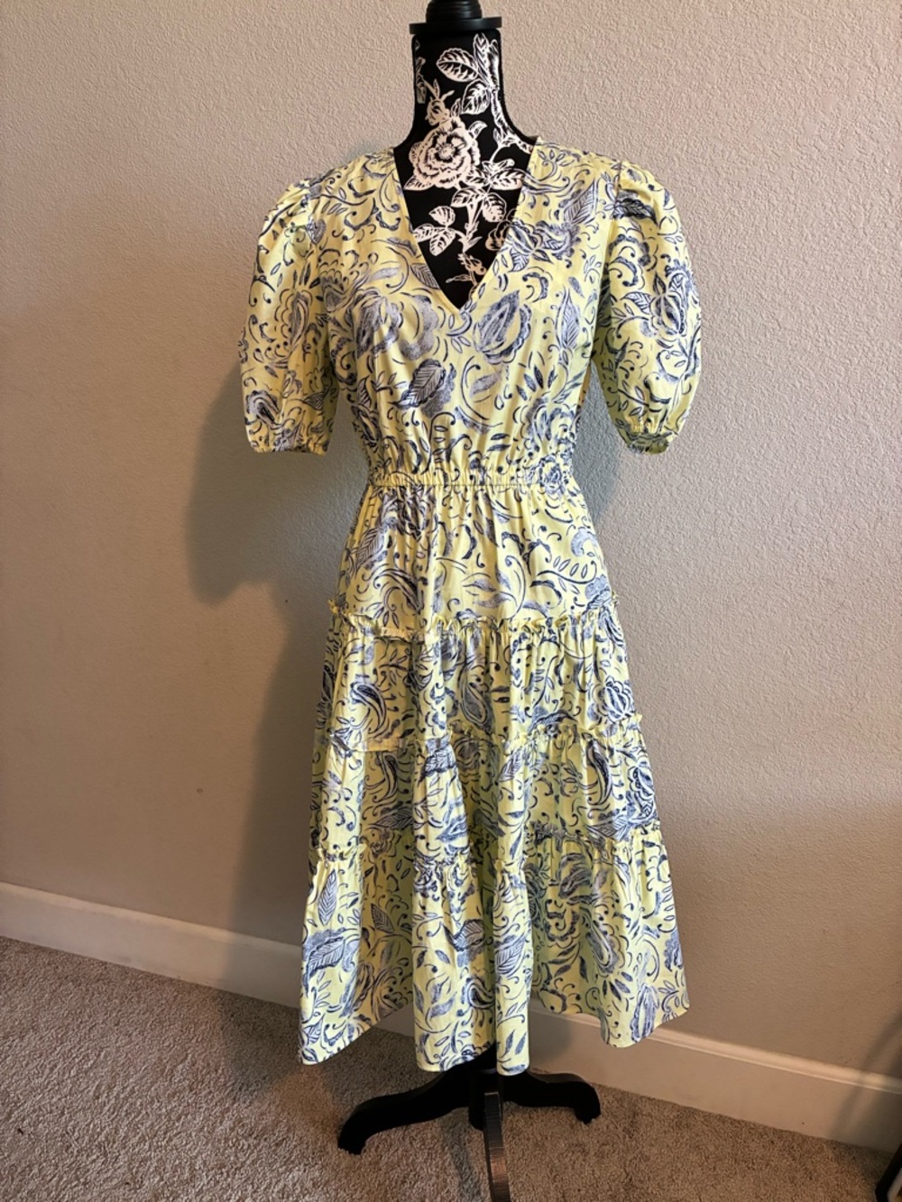 INC International Concepts Yellow Midi Dress with Blue Paisley Print